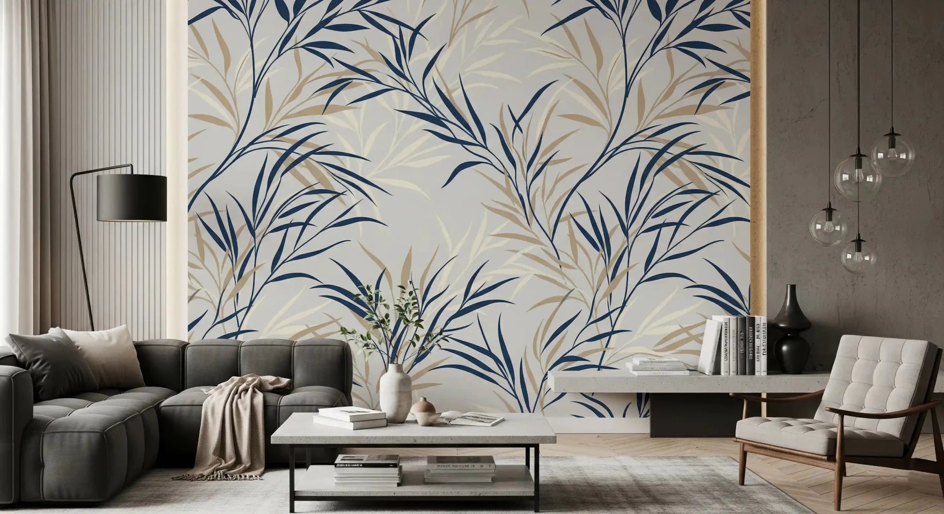 Office room willow branch wall mural with calm leaf pattern