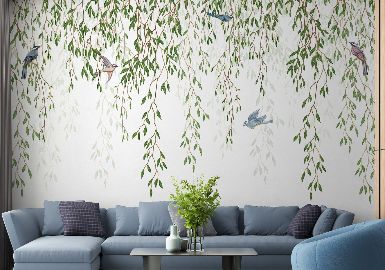 Willow branches and birds wallpaper mural for walls