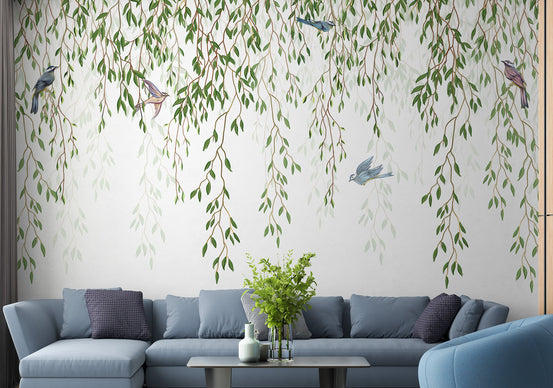 Willow branches and birds wallpaper mural for walls