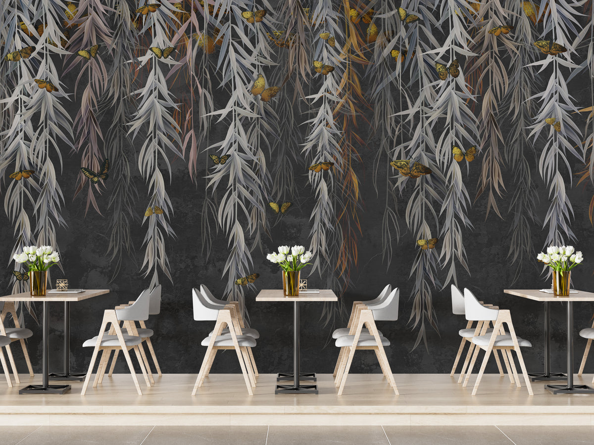 Willow Tree wallpaper mural shown as a full feature wall that highlights the design