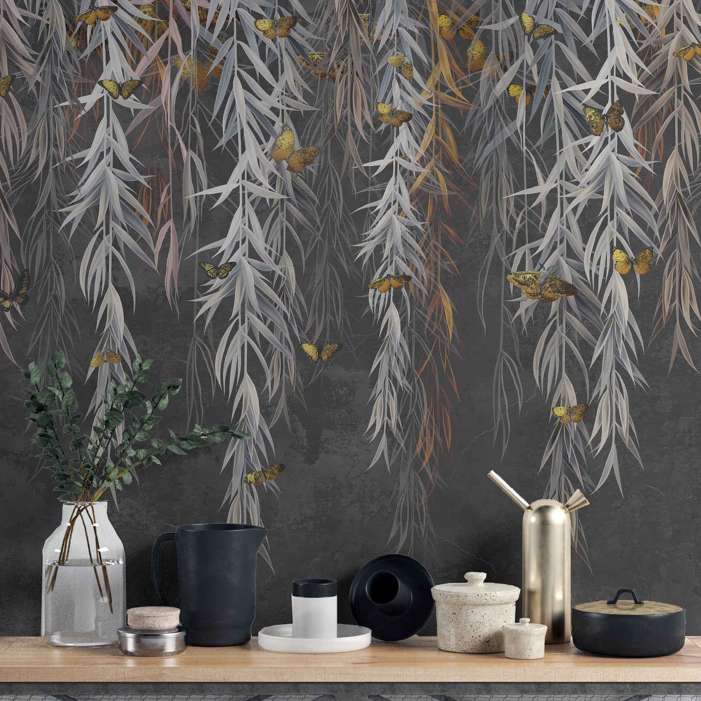 Hanging Willow Leaves and Butterflies Wallpaper Mural - Giffywalls