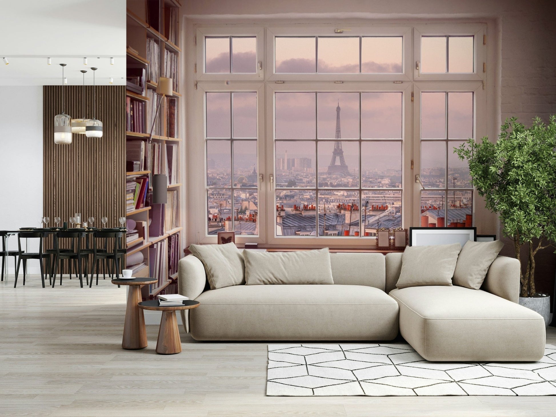 Eiffel Tower wall mural Window to Paris with vinyl record shelves.