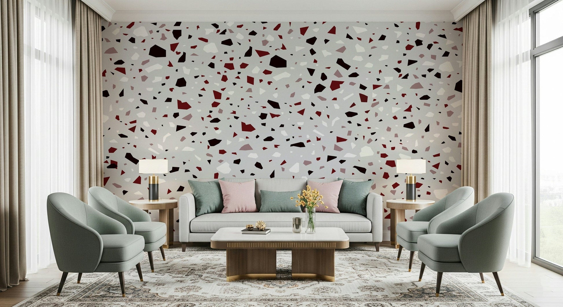 A peaceful speckled pattern mural on decorative wallpaper.