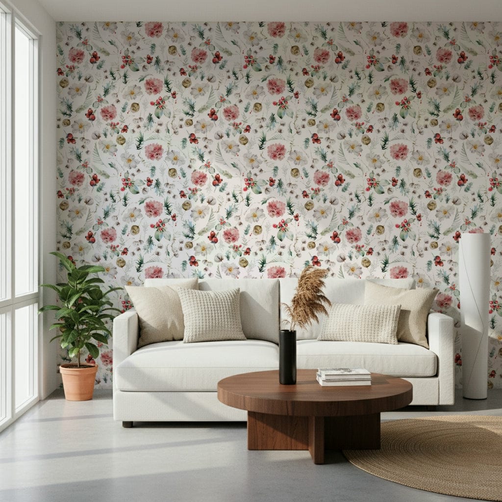 Seasonal Winter Bloom Watercolor wallpaper for living room.