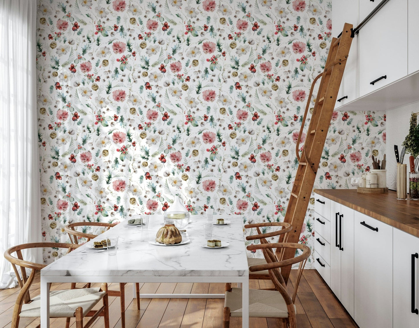 Watercolor floral and berry Winter Bloom wallpaper design.