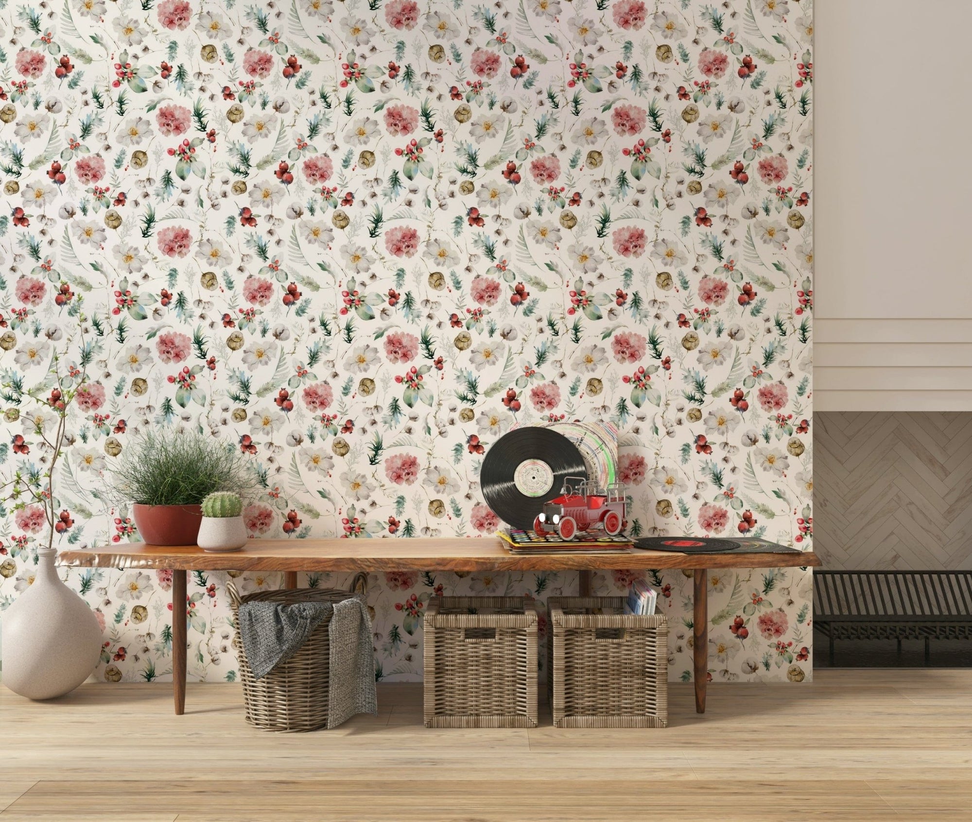 Winter Bloom Watercolor wall mural, blush floral pattern.