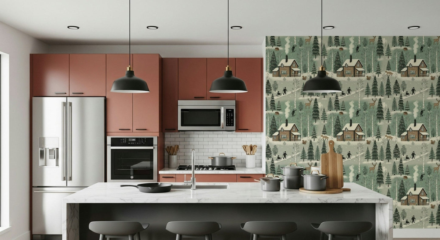 Winter-themed cabin wall covering for a warm and inviting home decor look.