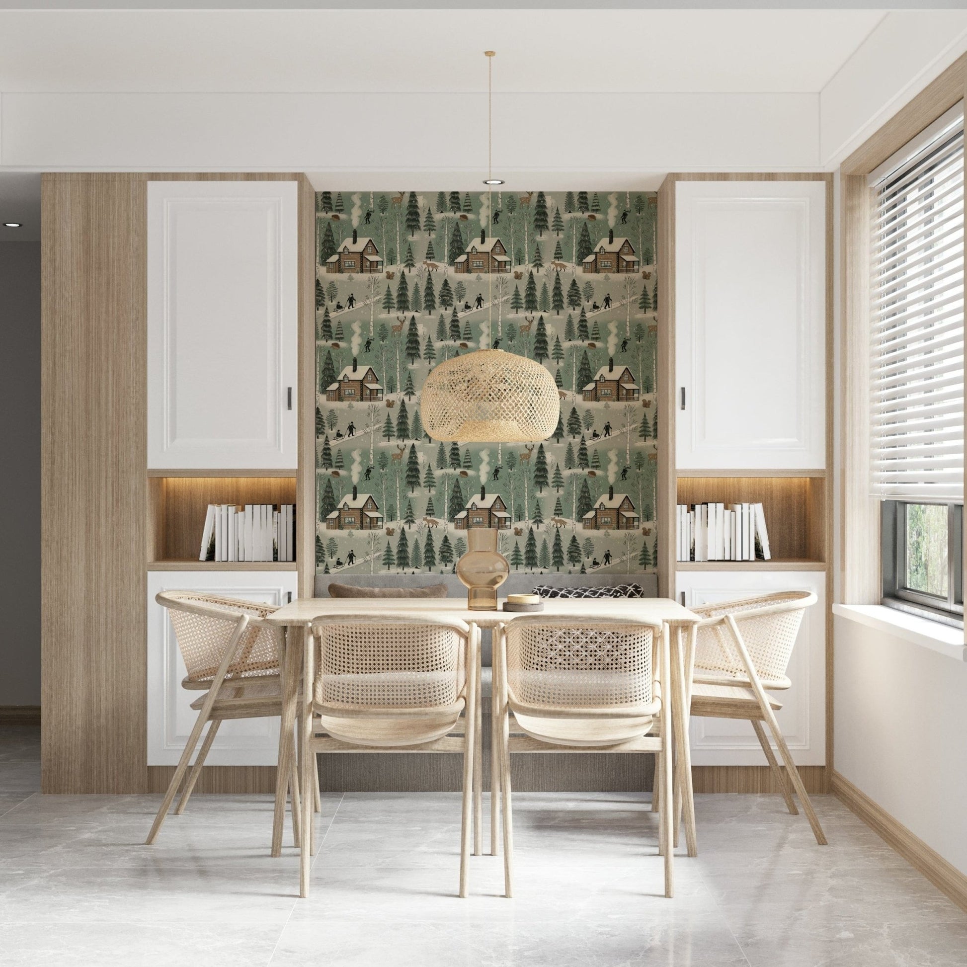 Charming winter cabin wallpaper with snow, trees, and cozy woodland details.