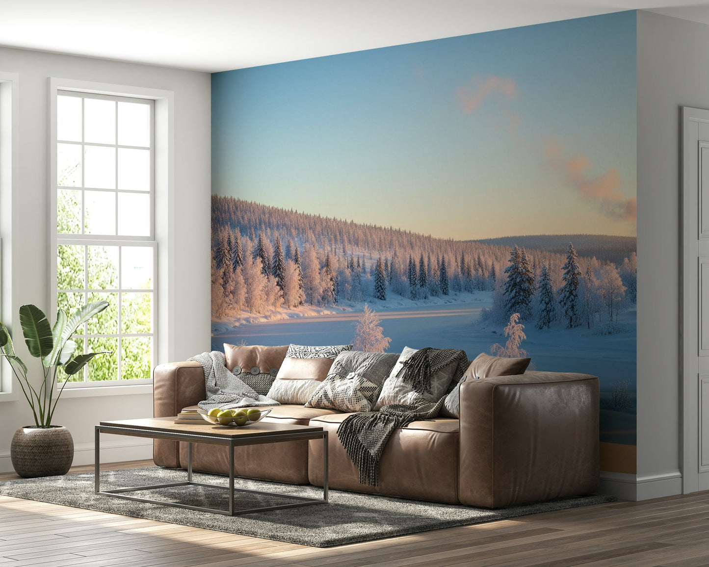 Rustic winter cabin mural on feature wall, modern apartment decor in cool color tones