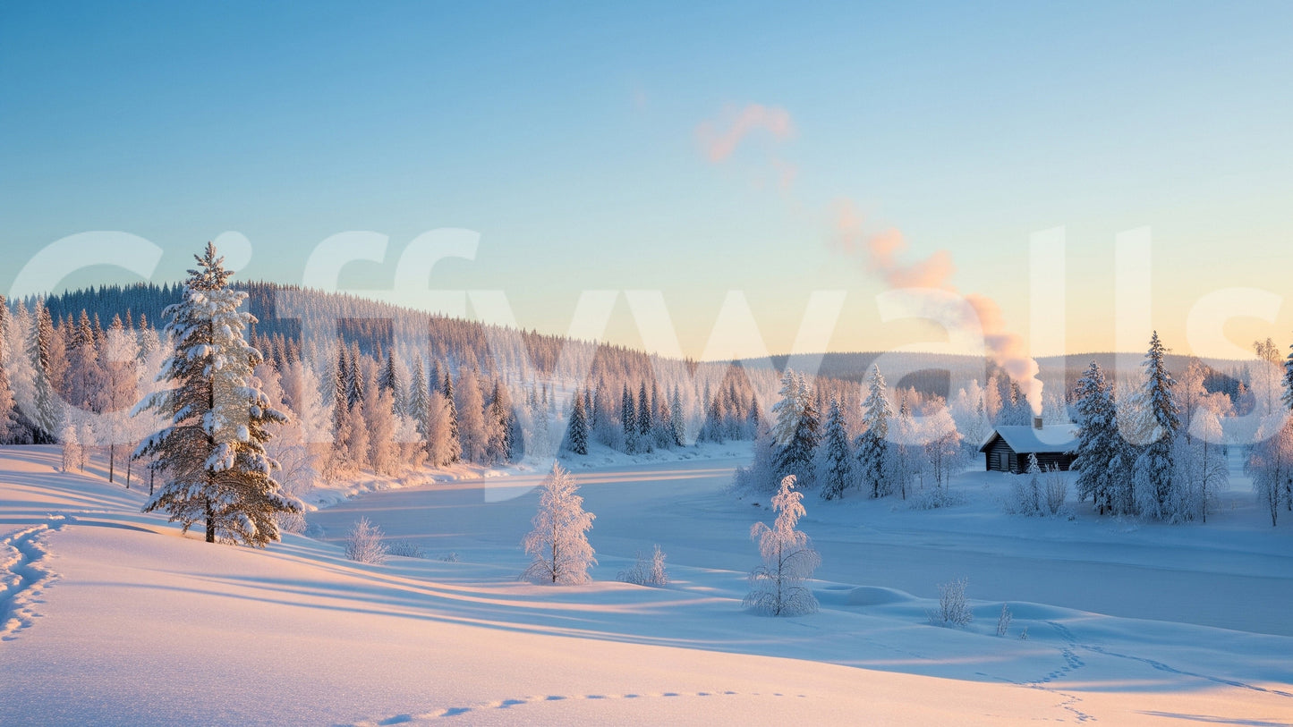 Winter's Light Cabin Wall Mural in reading nook, calm snow scene and cabin detail