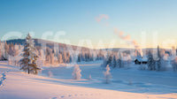 Winter's Light Cabin Wall Mural in reading nook, calm snow scene and cabin detail