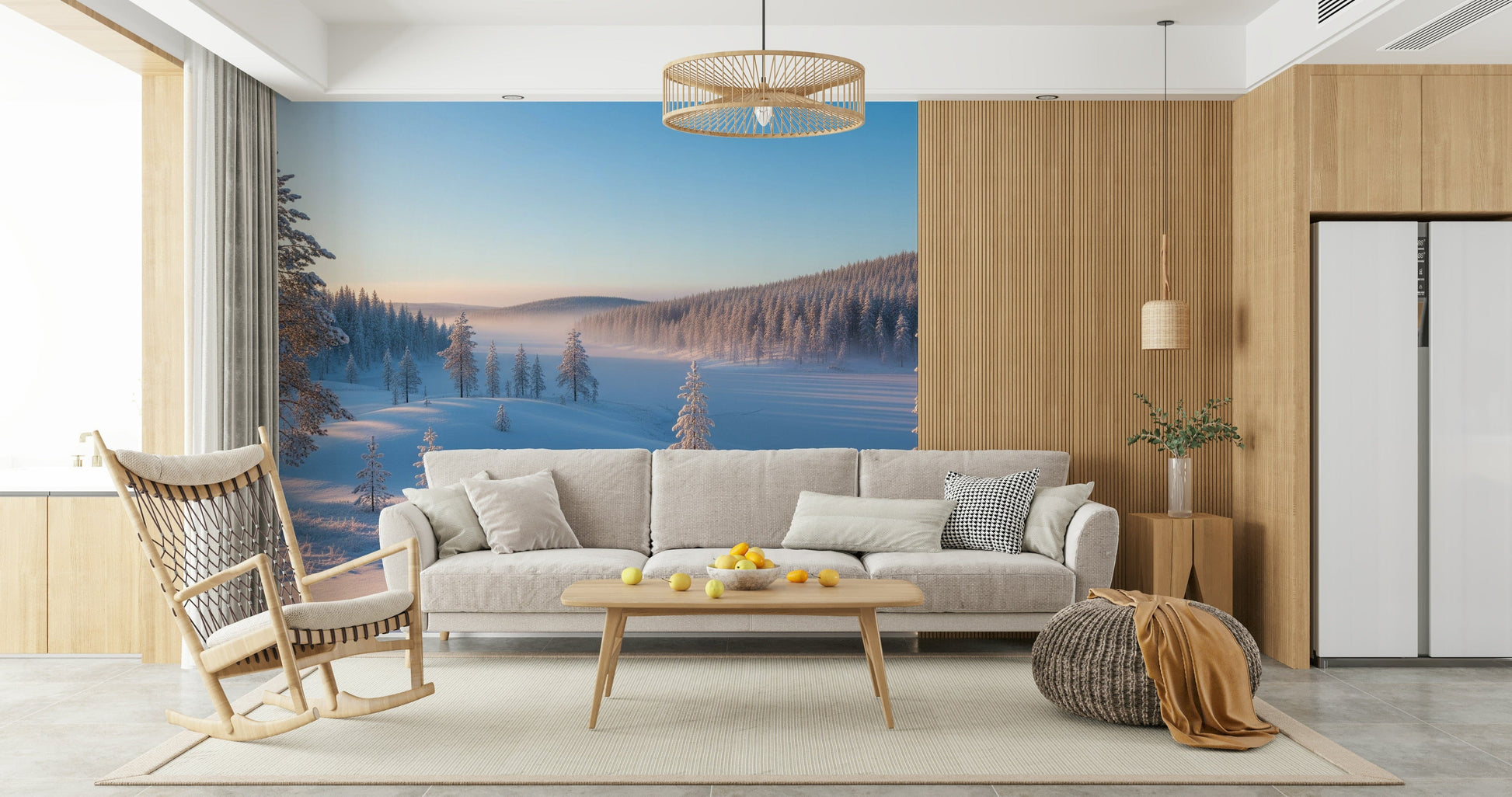 Soft winter sky mural for dining room, neutral color blend, modern wall decor backdrop