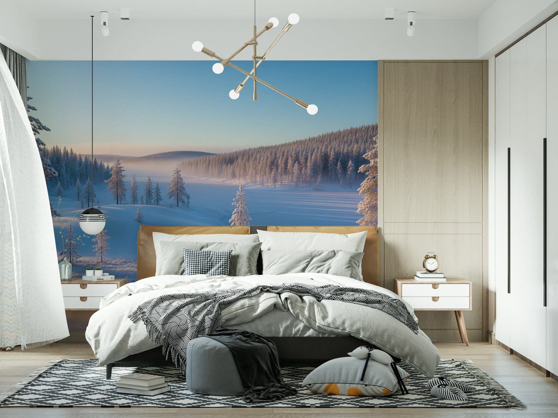 Winter’s Calm Whisper Wall Mural behind grey sofa in apartment lounge, calm snowy scene, modern wall decor