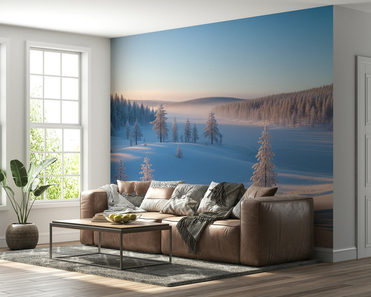 Minimal winter forest mural for bedroom headboard wall, muted color palette, serene feature wall