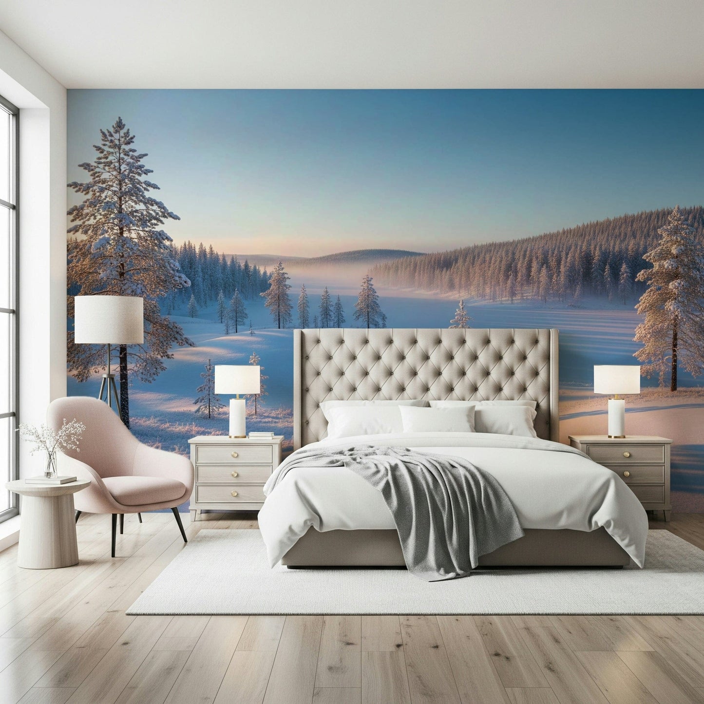 Modern winter mountains wall mural for apartment bedroom, pale blue color wash, feature wall