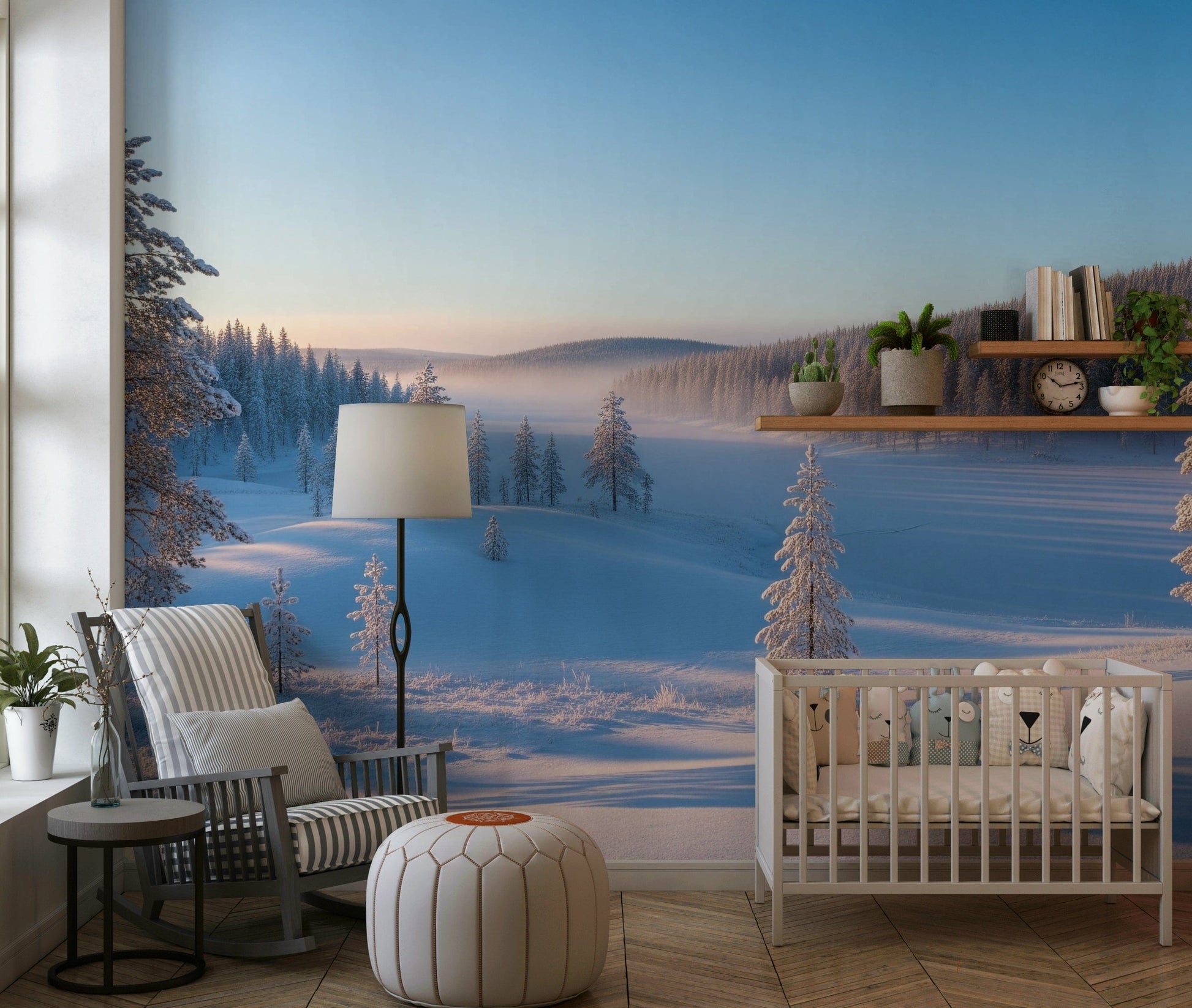 Winter landscape wall mural in modern living room, soft blue and white color tones, feature wall decor