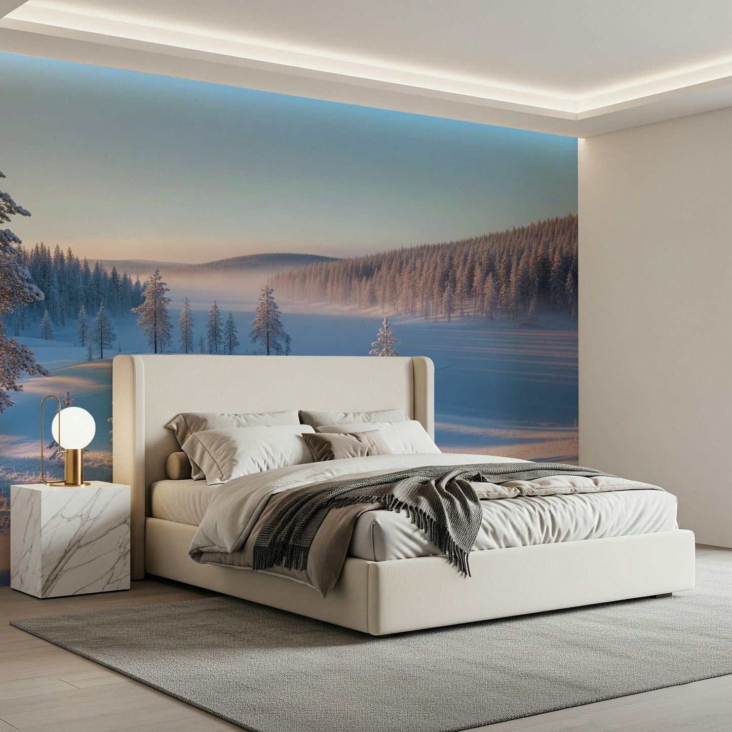 Calm snowy landscape wallpaper in reading nook, modern decor, light color scheme