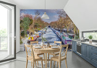 Snowy London river scene mural in hallway, calm neutral colour palette