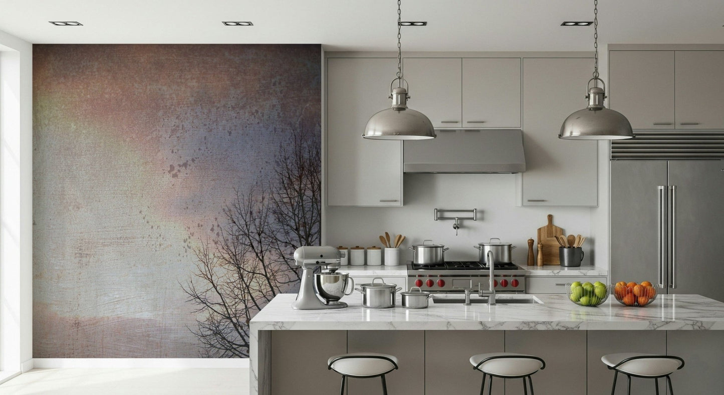 Soft pastel winter sky wall mural with tree outline