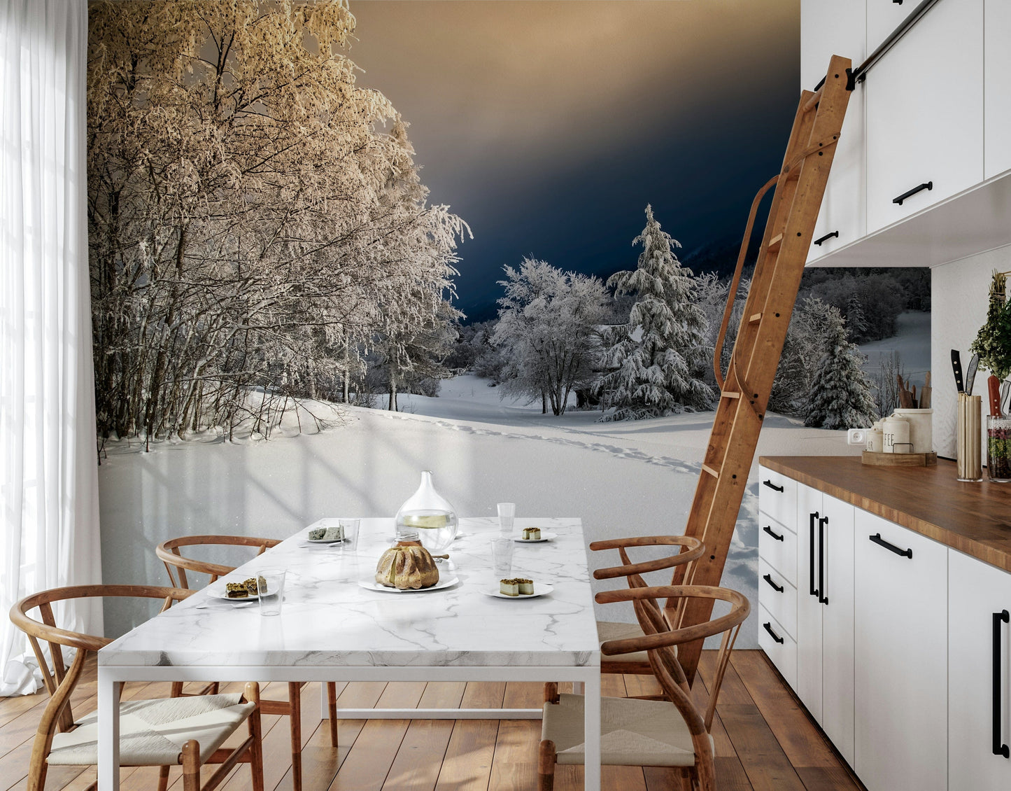 Wall mural Frozen Footsteps, isolated footsteps in powder, seasonal vista design.