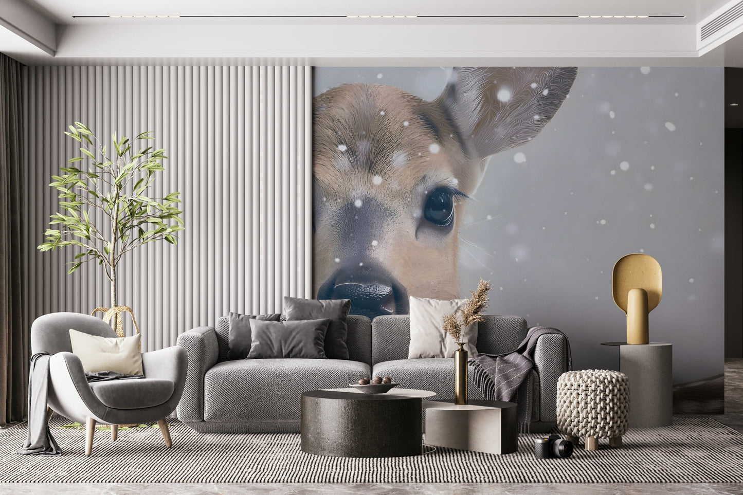 Quiet Winter Fawn Wall Mural — charming winter woodland scene with a delicate fawn.