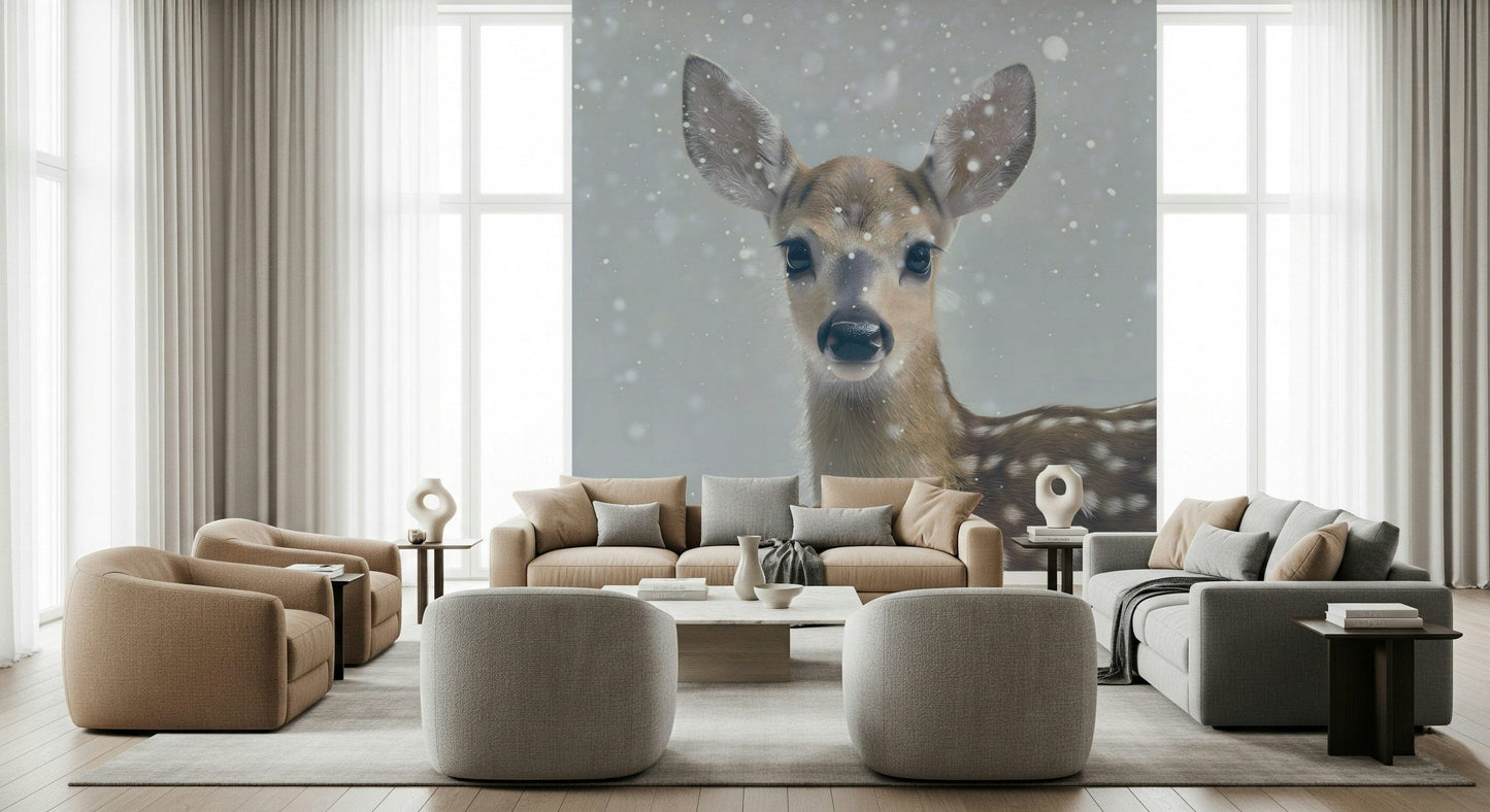 Quiet Winter Fawn Wallpaper — serene animal and winter forest design for bedrooms or nurseries.