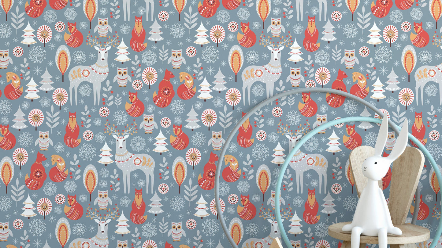 Winter forest deer and fox mural
