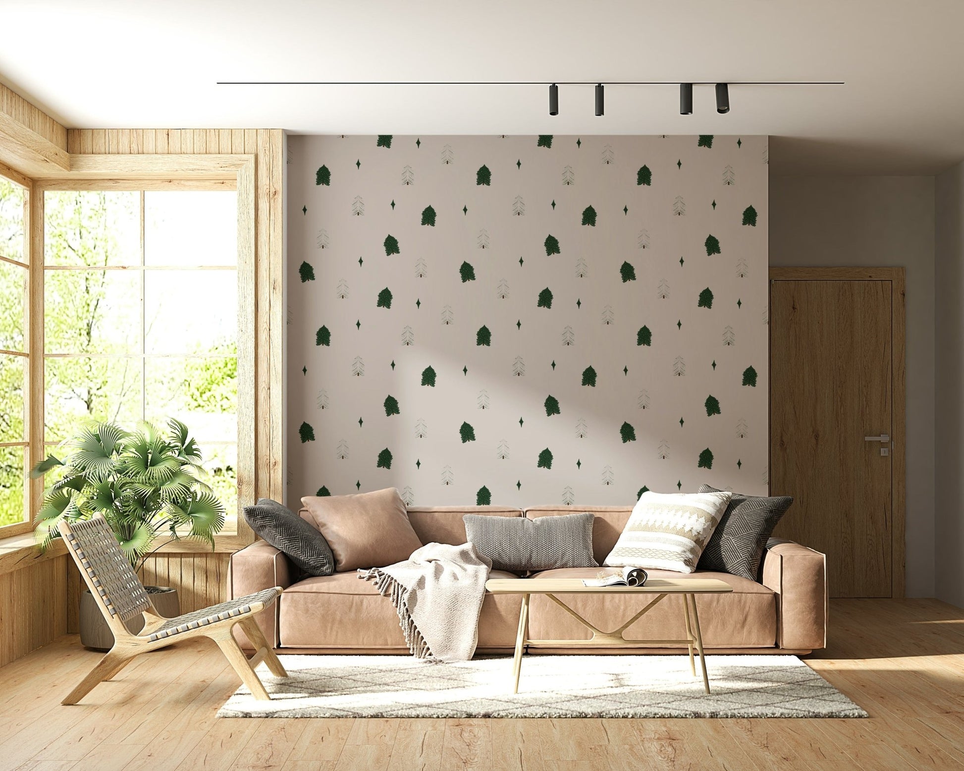 Misty winter woods wall mural with tall, frost-covered trees.
