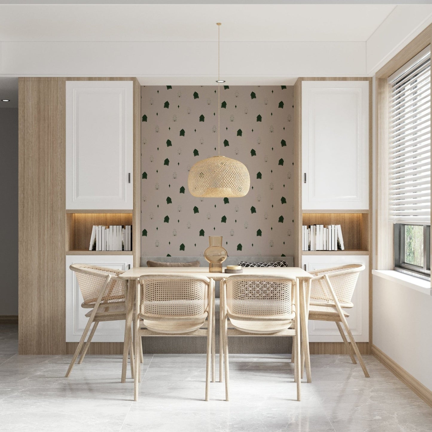 Serene snowy forest wall mural creating a peaceful winter dreamscape.