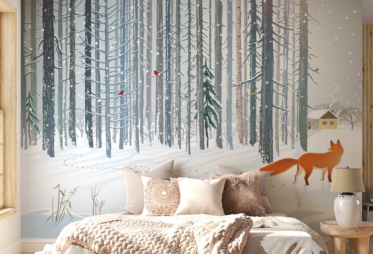 Winter Forest Fox wallpaper mural shown as a full feature wall that highlights the design