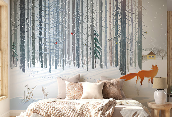 Winter Forest Fox wallpaper mural shown as a full feature wall that highlights the design