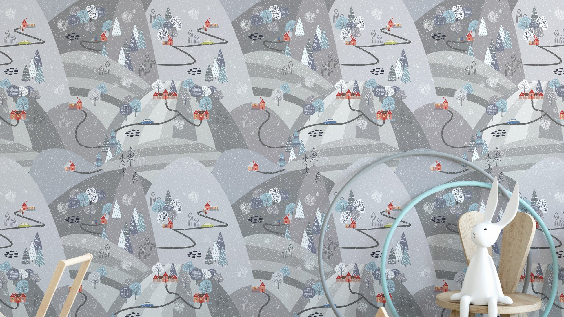 Snow-covered forest and hills wallpaper