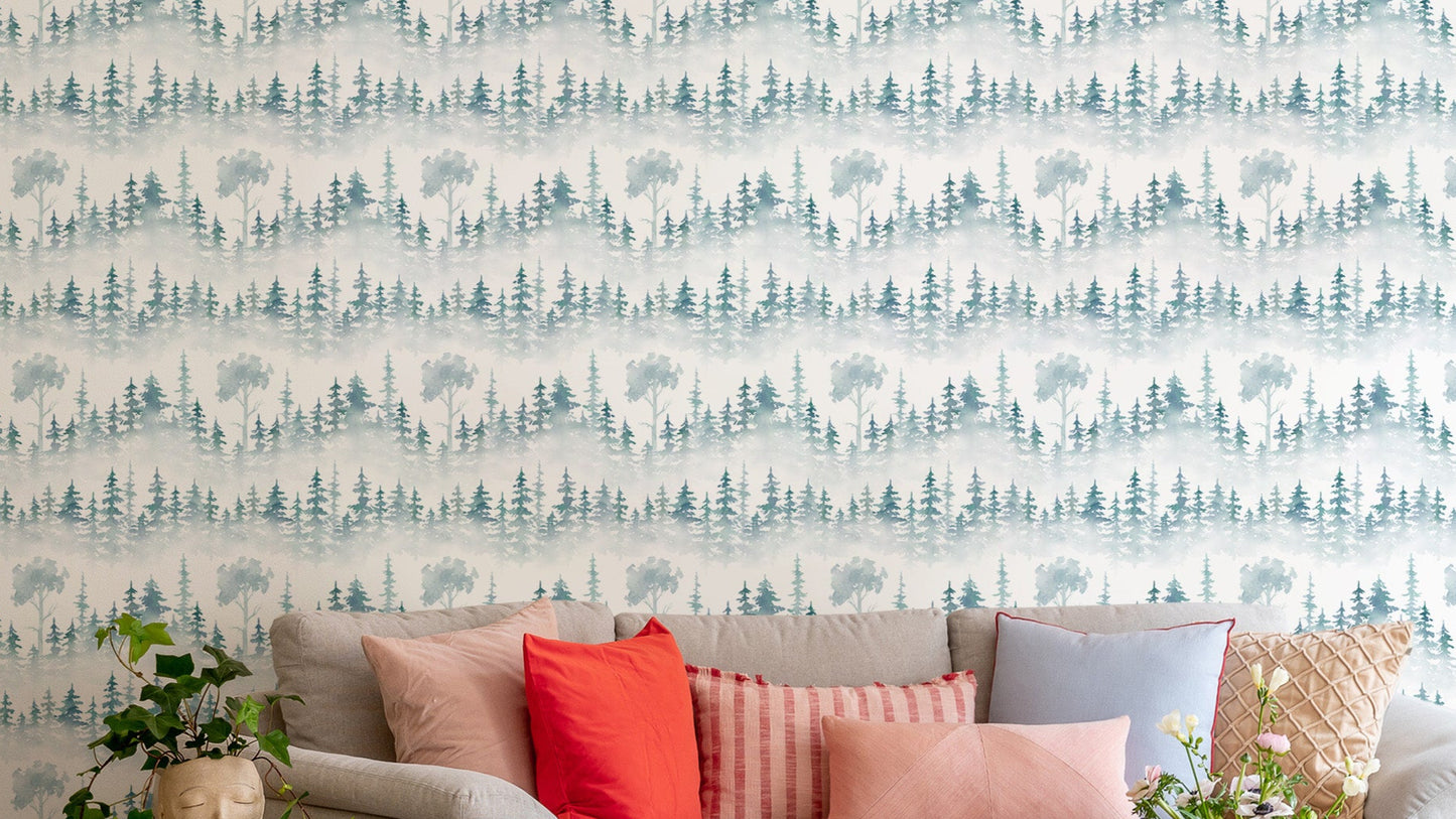 Subtle white fog winter forest mural