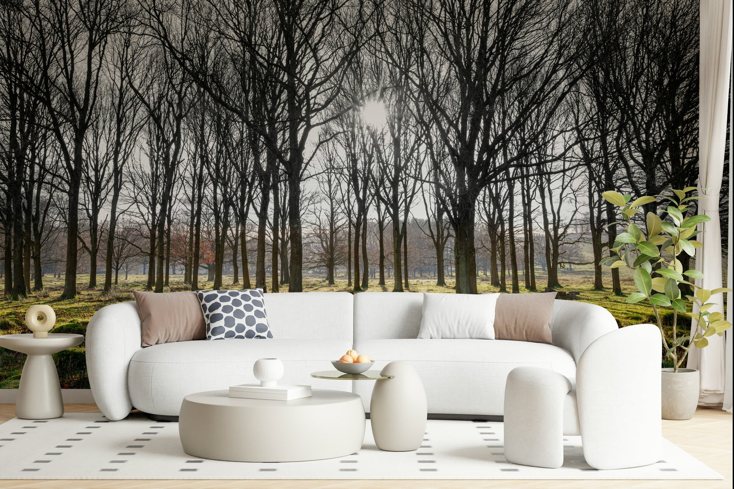 Peaceful forest mural depicting aligned trees and glowing sunlight on the forest floor.