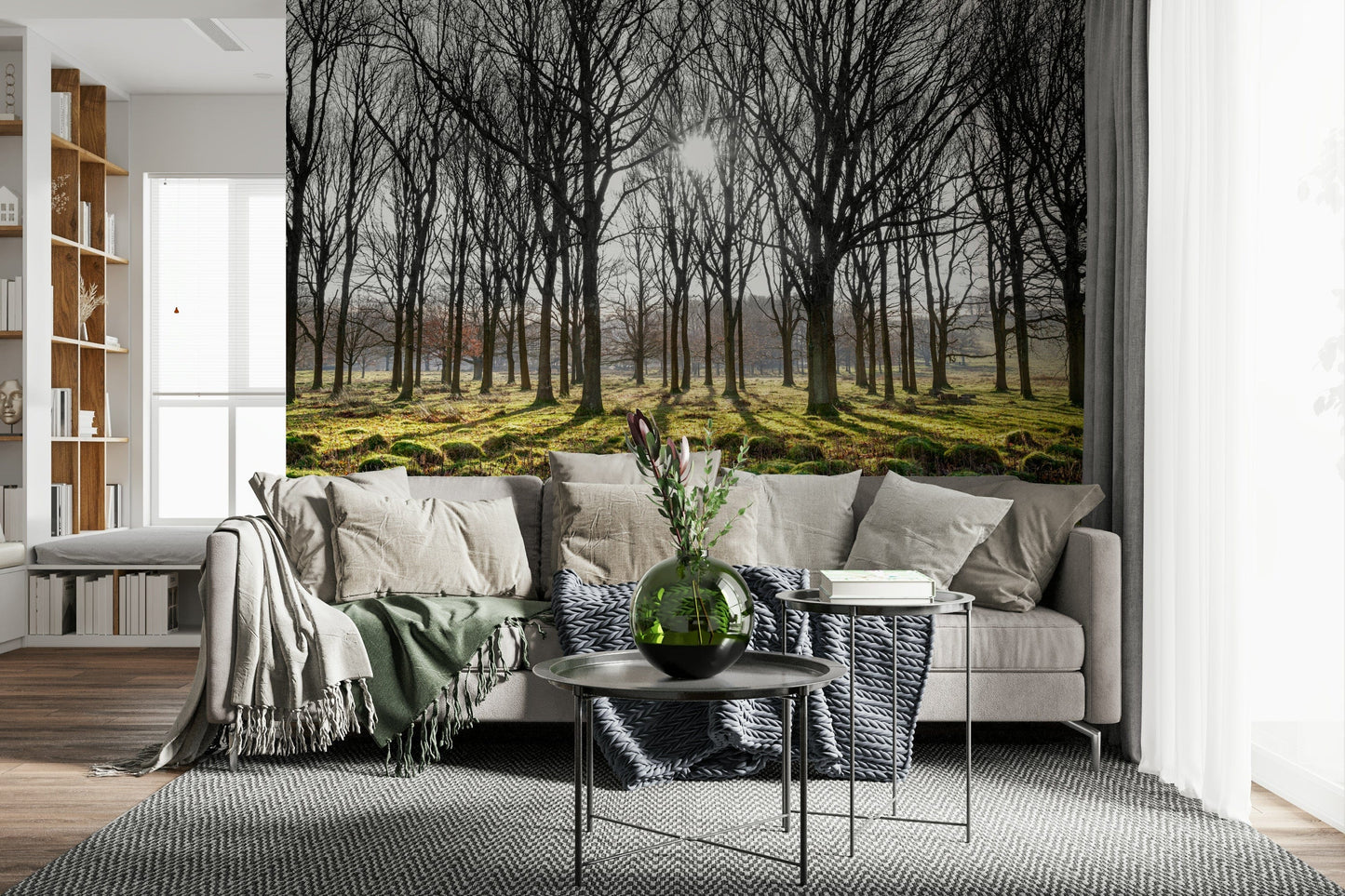 Forest wallpaper with bright sunbeams shining between winter trees over a moss-covered landscape.