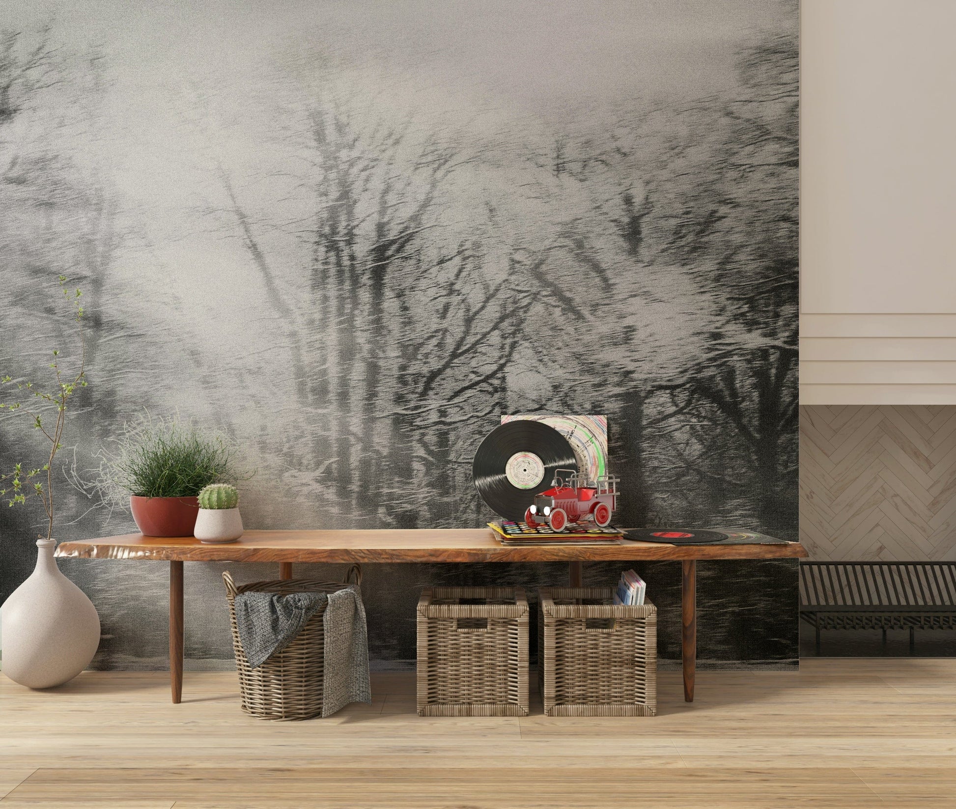 Winter's Whisper Wall Mural used as a backdrop in a quiet home office