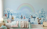 Nursery wall mural with winter friends and pastel rainbow, modern crib setup and cozy lighting