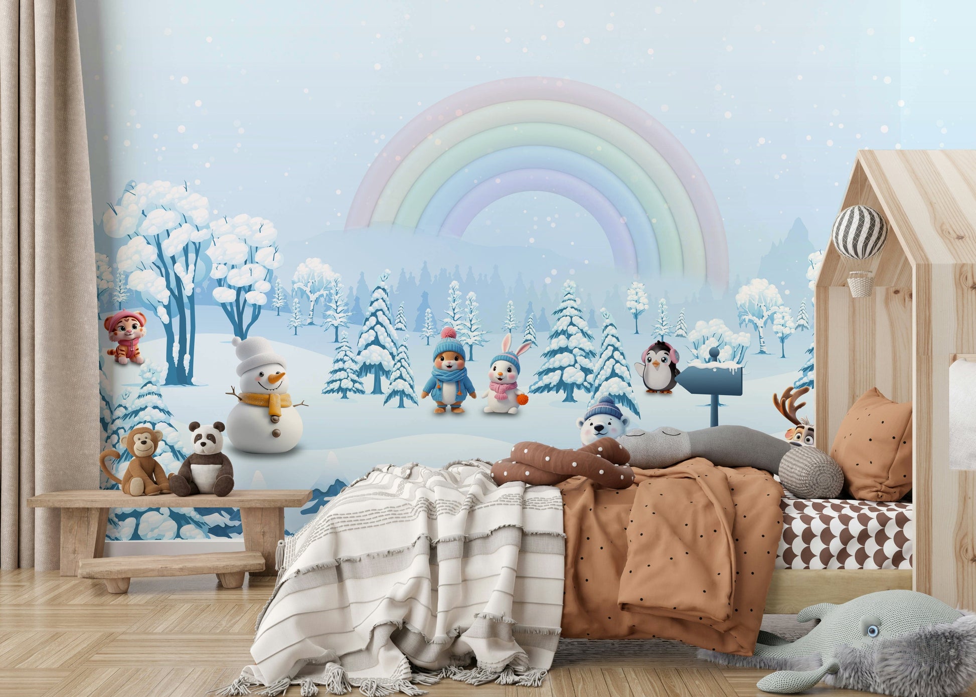 Daycare room wall with rainbow and winter friends mural, bright but soft color styling