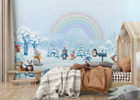 Daycare room wall with rainbow and winter friends mural, bright but soft color styling