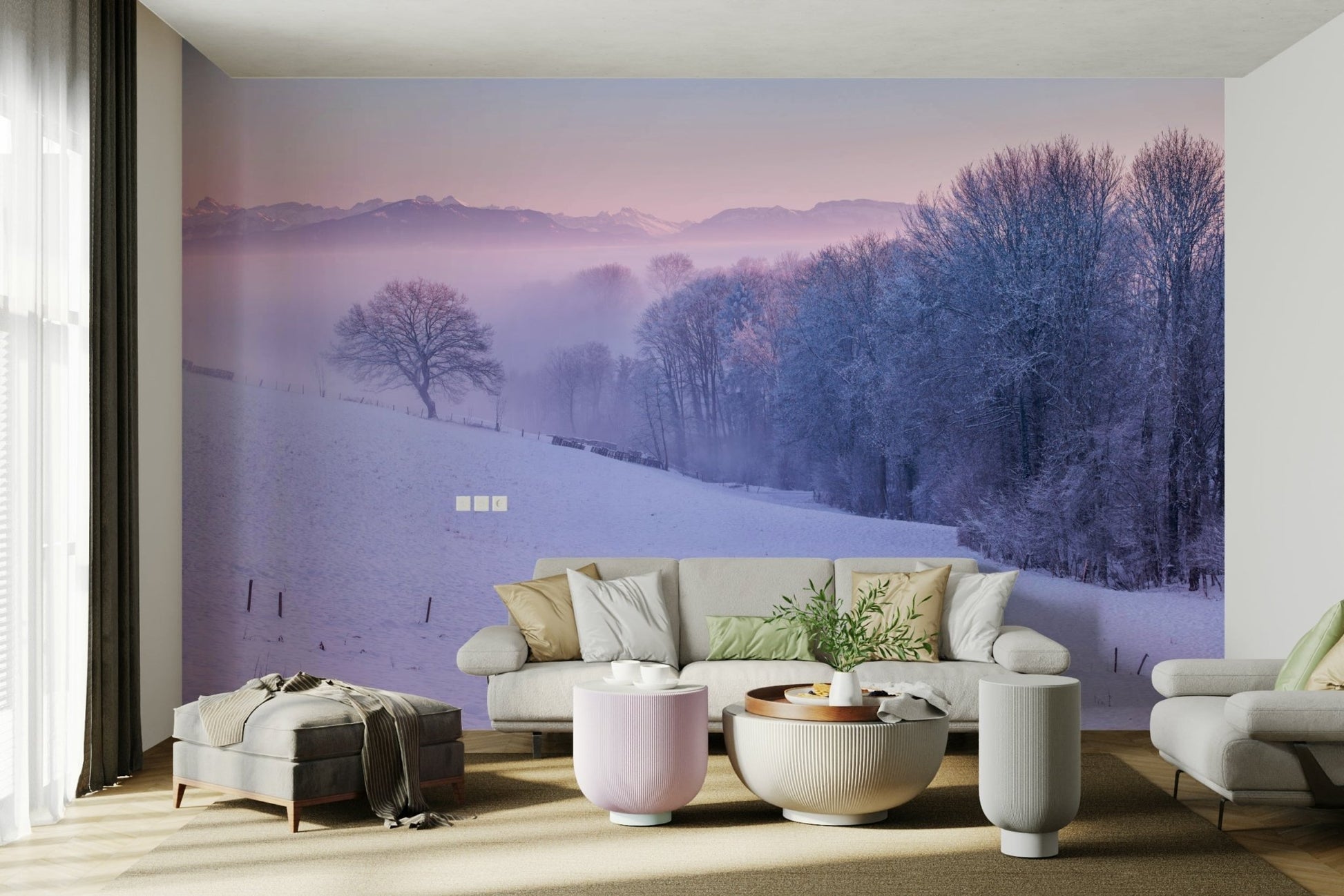 Winter scene wall mural with frosted trees and distant mountain views.

