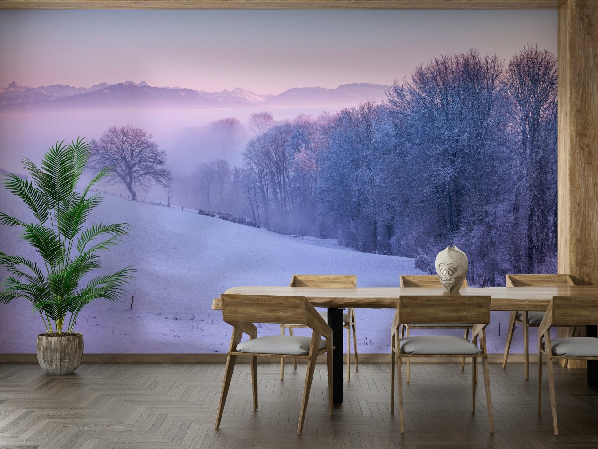 Peaceful winter landscape mural adding serenity to your space.

