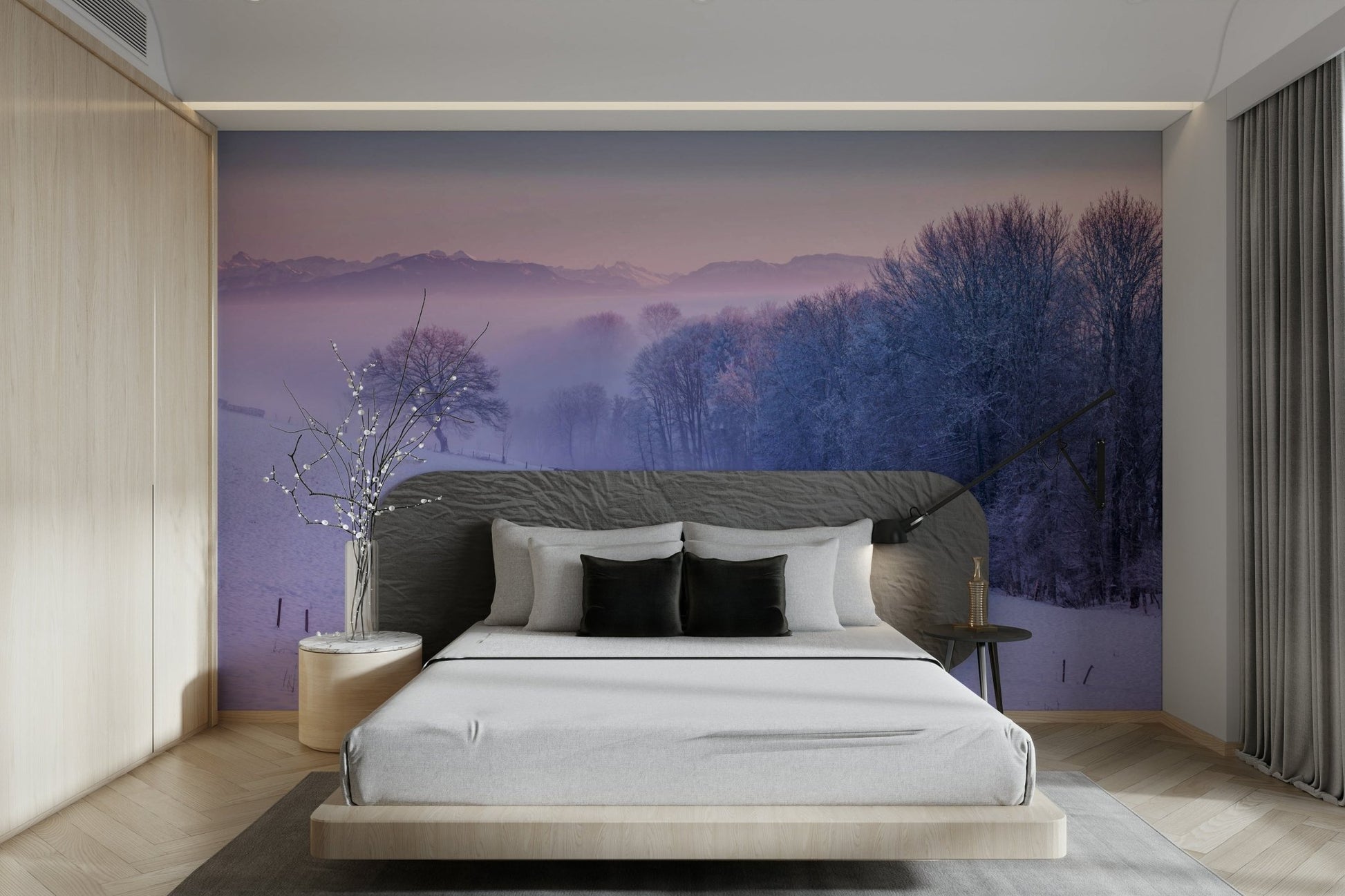 Snowy winter landscape mural featuring frosted trees and distant mountains.

