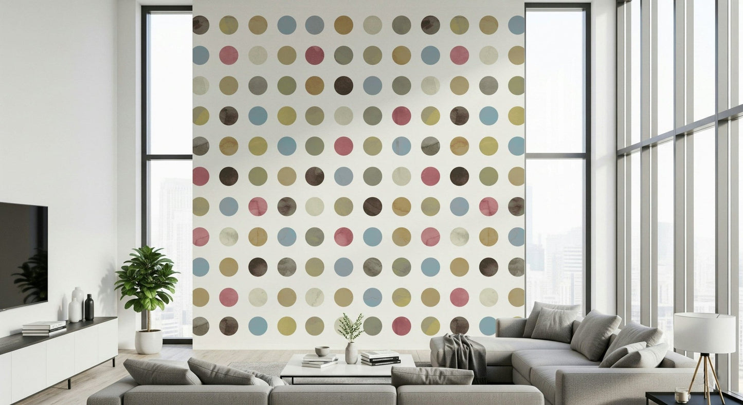 Wall mural depicting scattered pastel dots for a playful, winter-inspired interior.