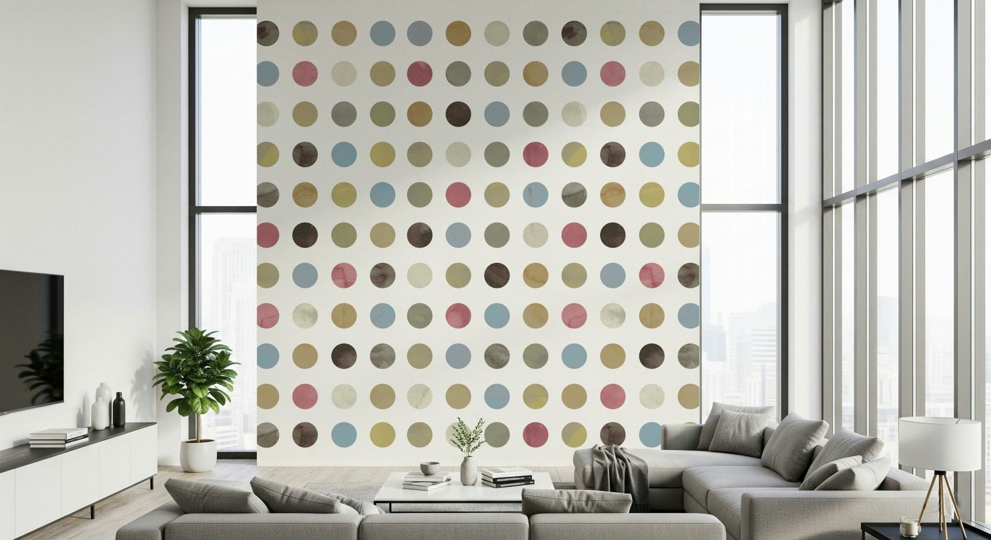 Wall mural depicting scattered pastel dots for a playful, winter-inspired interior.