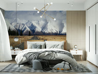 Winter road landscape wall mural for reading nook, snow-laden trees, calm winter palette