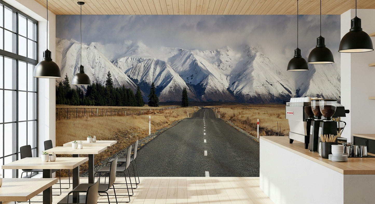 Minimal winter road mural in hallway, snowy path design, neutral wall decor for modern homes