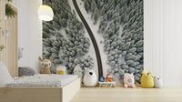 The mural is a photographic print of a winter scene.

