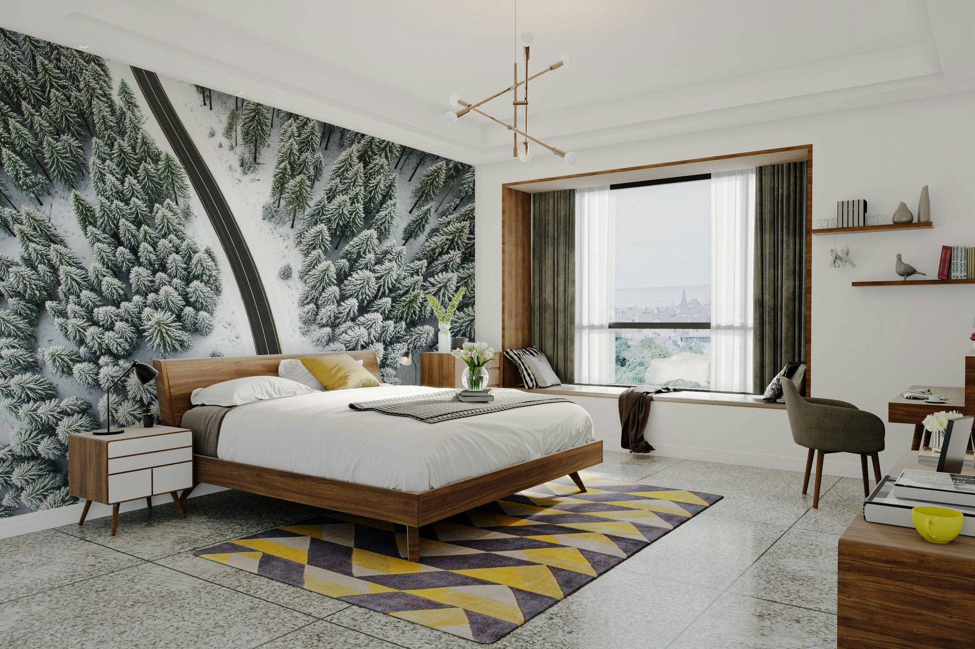 The wall art depicts a tranquil winter environment.

