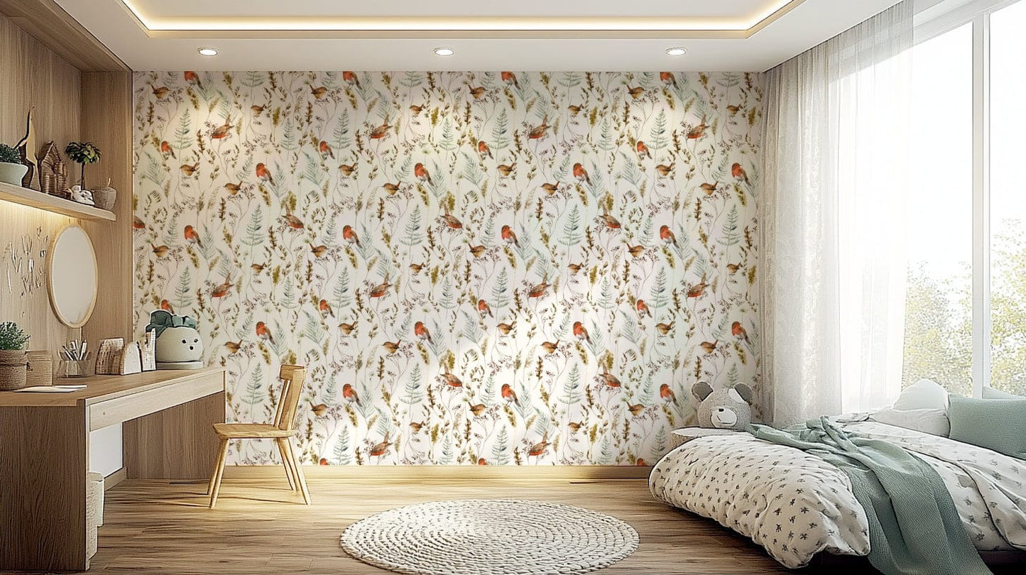 Bird and botanical wallpaper behind bed, winter theme, modern bedroom wall decor