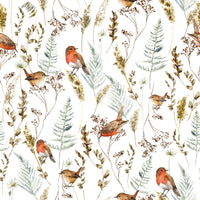 Winter bird wallpaper for powder room, subtle pattern, soft neutral colors